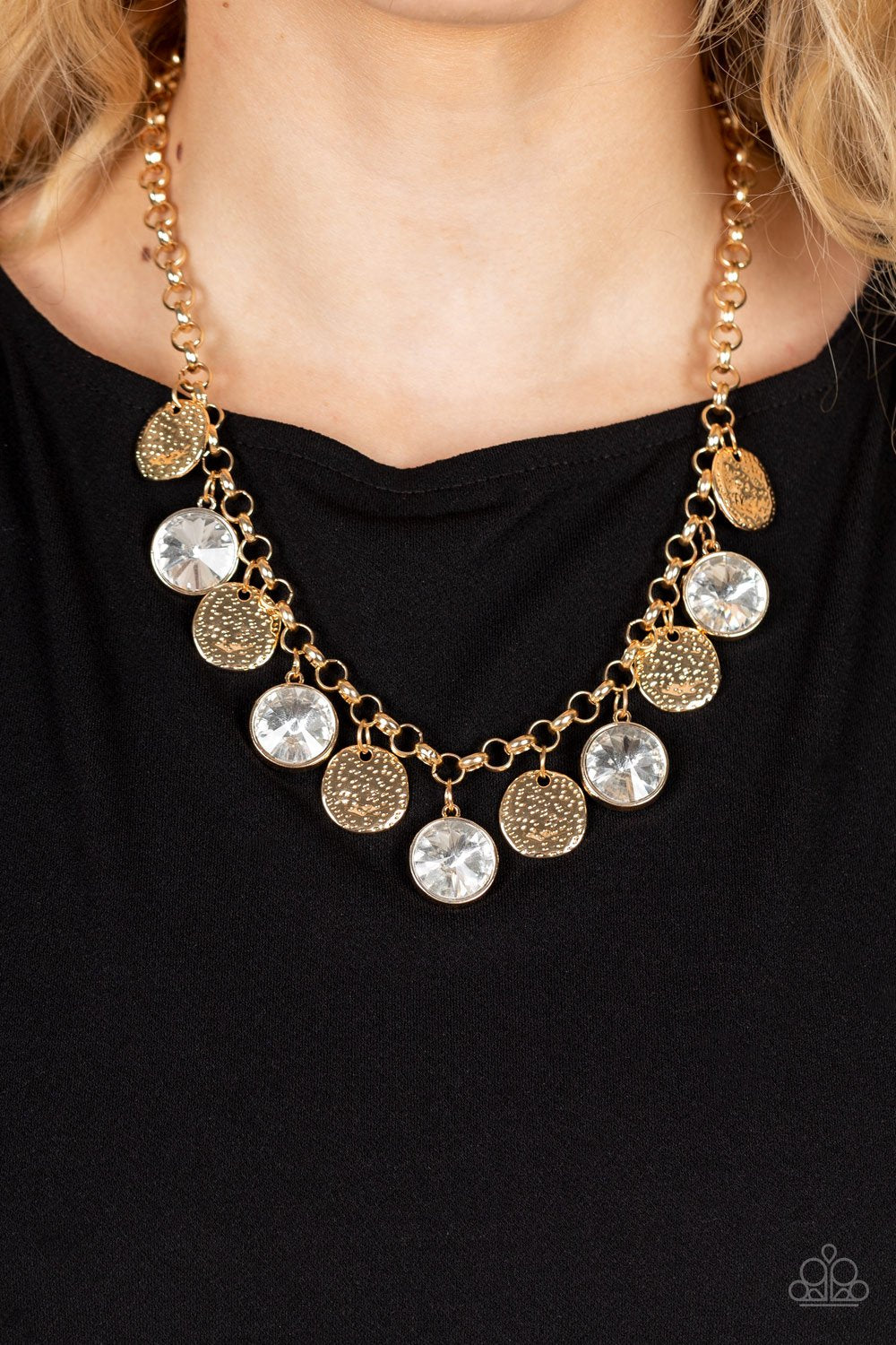 Spot On Sparkle - Gold Hammered Discs & Oversized White Gem Paparazzi Necklace & matching earrings