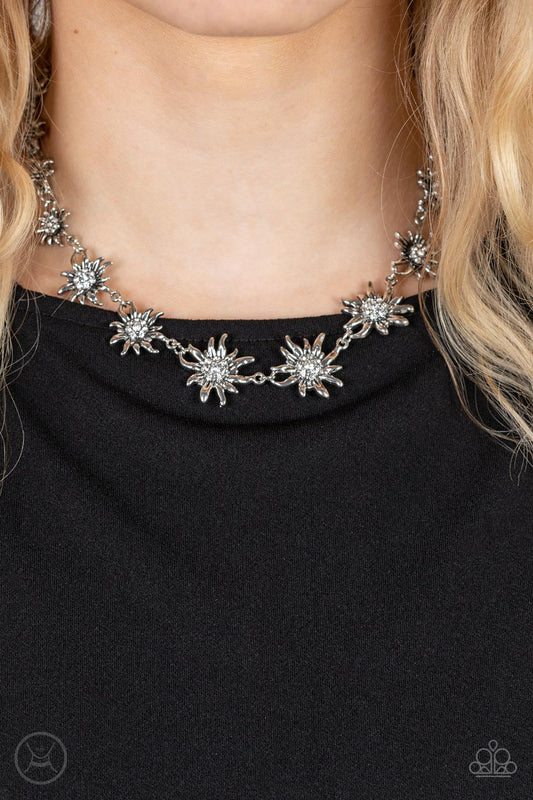 Get Up and GROW - White Rhinestone Centers/Silver Daisy Paparazzi Choker Necklace & matching earrings
