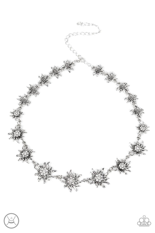Get Up and GROW - White Rhinestone Centers/Silver Daisy Paparazzi Choker Necklace & matching earrings