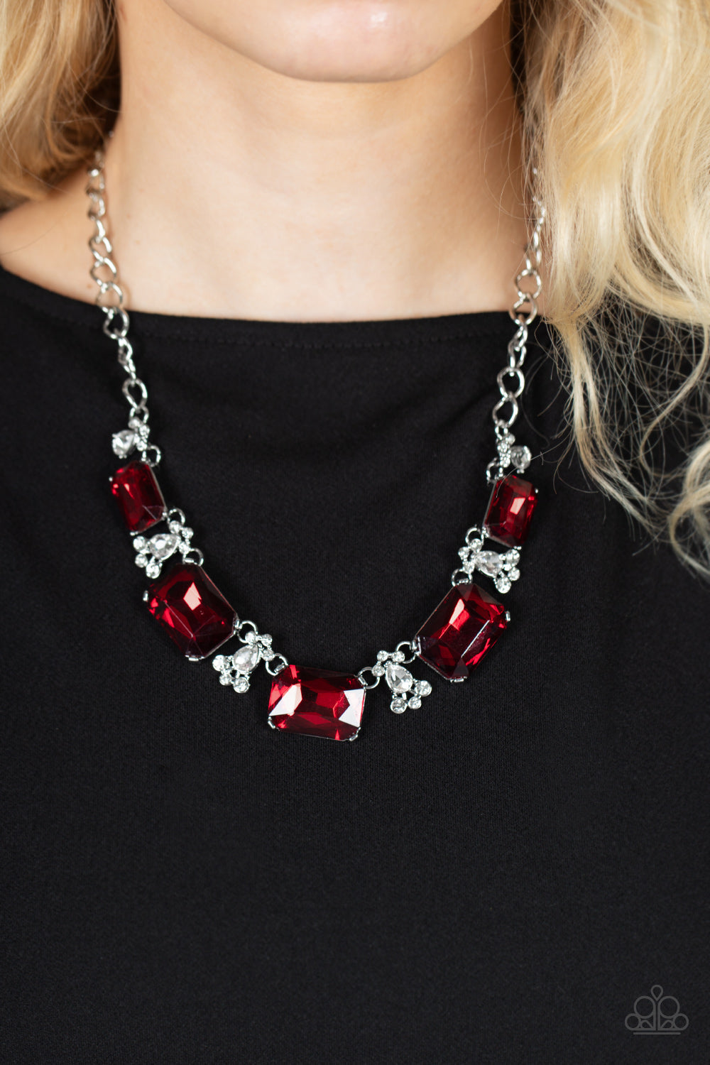 Flawlessly Famous - Red Oversized Emerald Cut Gems & White Rhinestone Paparazzi Necklace & matching earrings