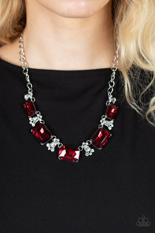 Flawlessly Famous - Red Oversized Emerald Cut Gems & White Rhinestone Paparazzi Necklace & matching earrings