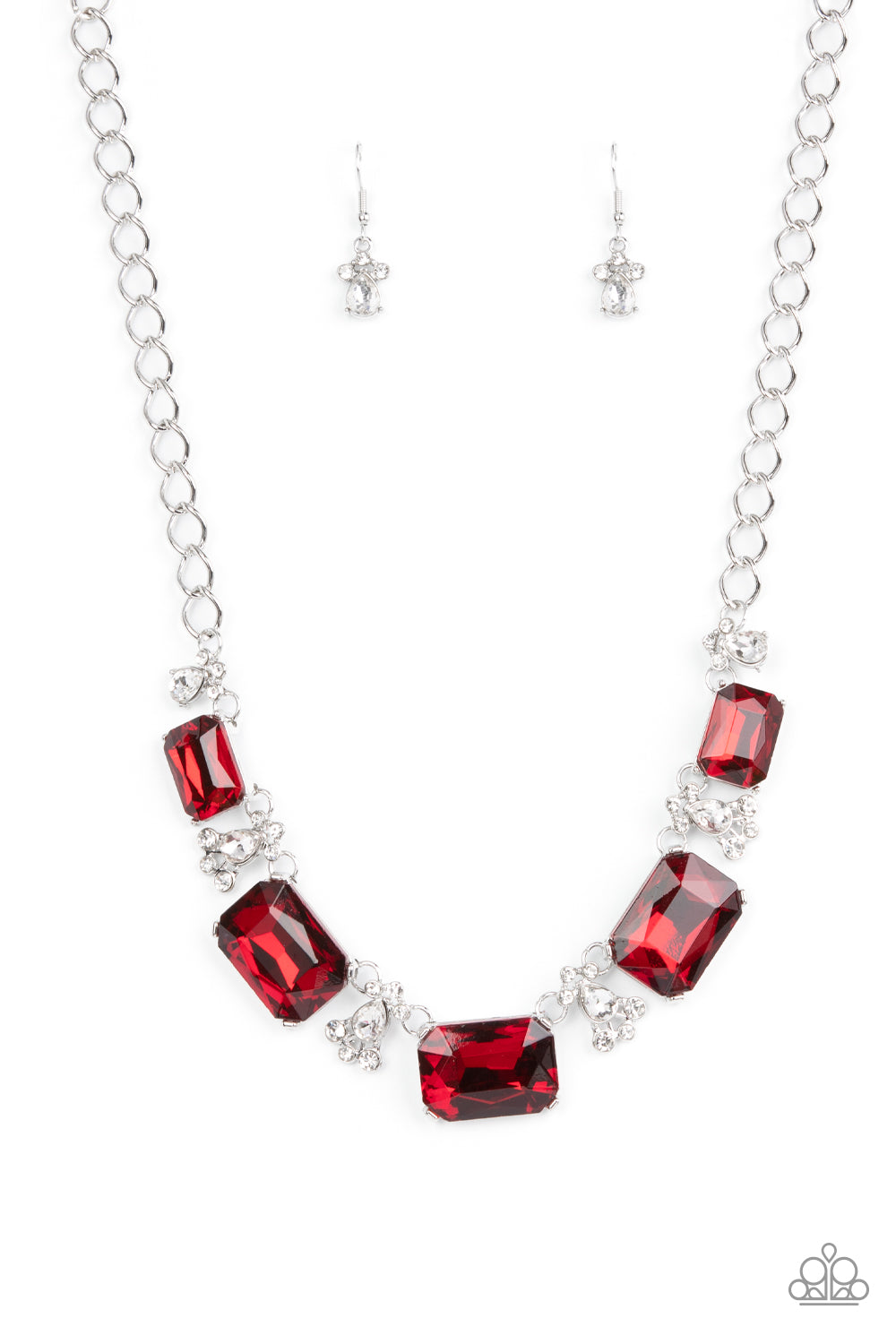 Flawlessly Famous - Red Oversized Emerald Cut Gems & White Rhinestone Paparazzi Necklace & matching earrings