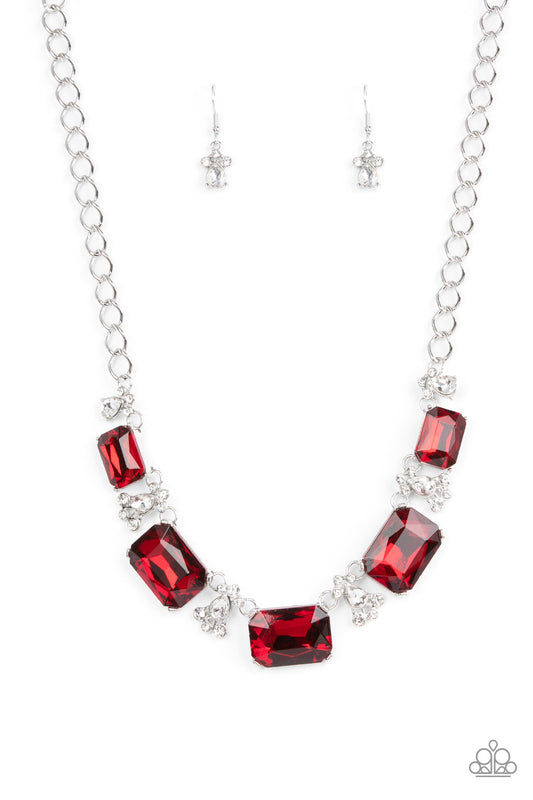 Flawlessly Famous - Red Oversized Emerald Cut Gems & White Rhinestone Paparazzi Necklace & matching earrings