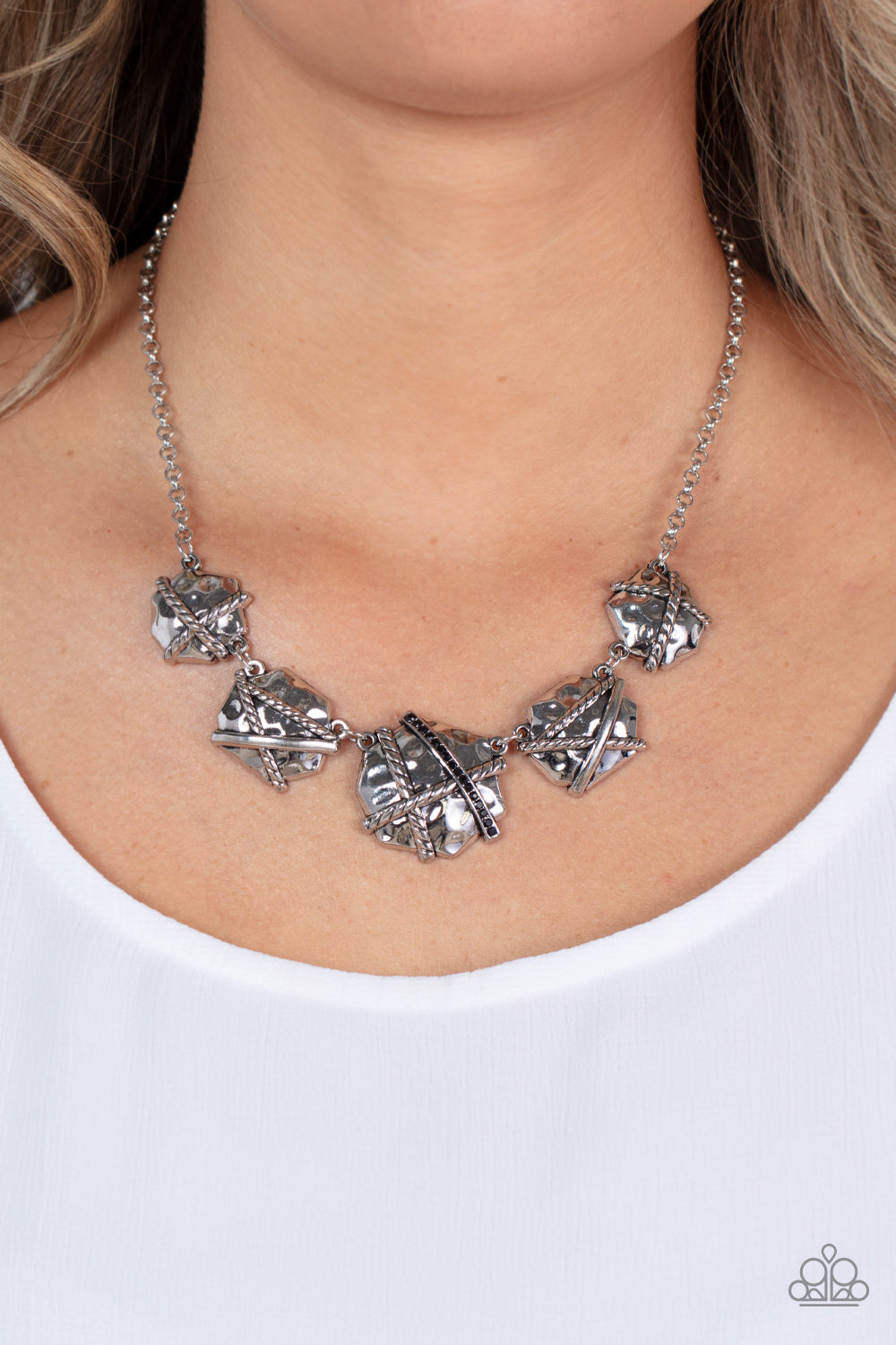 Keep Guard - Black & Silver Asymmetrical Beveled Frame Paparazzi Necklace & matching earrings