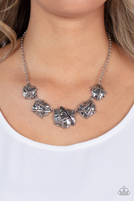 Keep Guard - Black & Silver Asymmetrical Beveled Frame Paparazzi Necklace & matching earrings