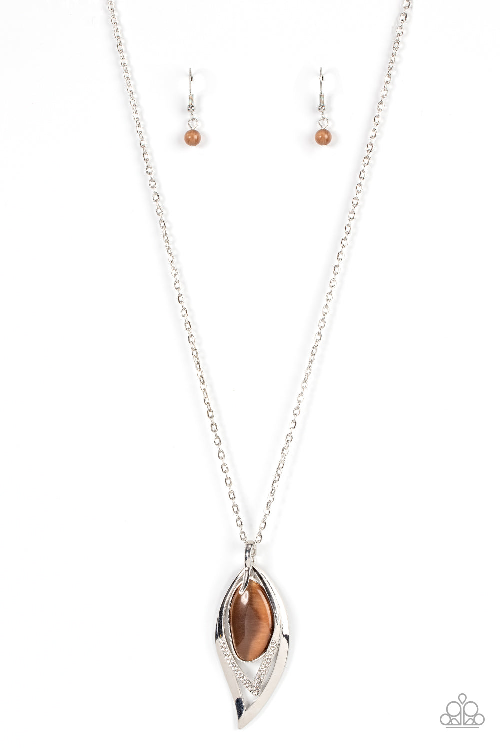 Magical Meadow - Brown Cat's Eye & Leafy Silver Frame Pendant Paparazzi Necklace & matching earrings