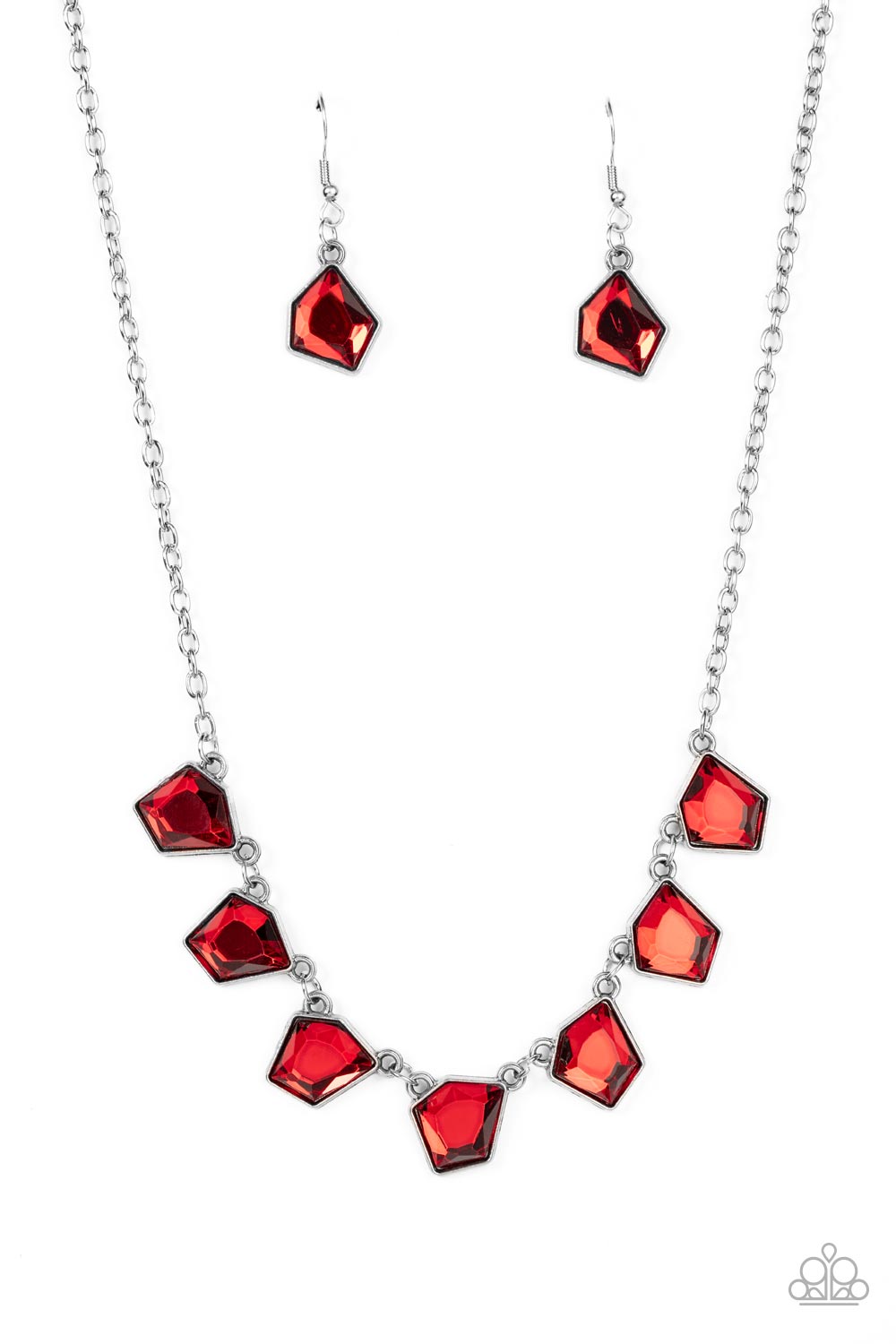 Experimental Edge - Red Imperfect Geometric Gem Paparazzi Necklace & matching earrings