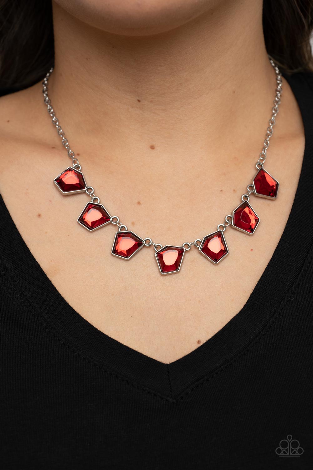 Experimental Edge - Red Imperfect Geometric Gem Paparazzi Necklace & matching earrings