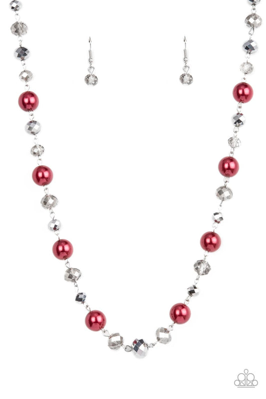 Decked Out Dazzle - Red Oversized Pearls & Smoky Crystal-Like Beaded Paparazzi Necklace & matching earrings