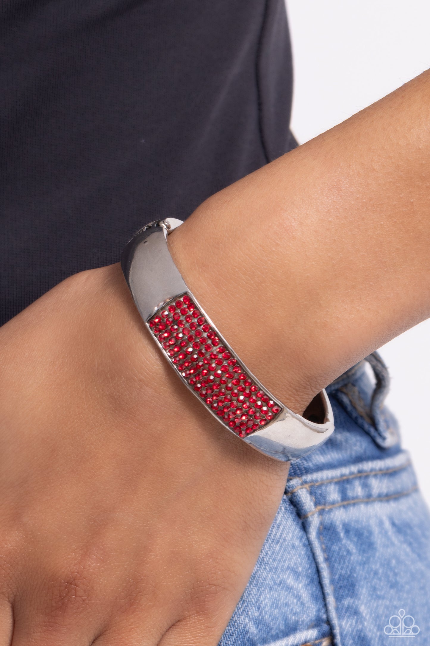 Record-Breaking Bling - Red Rhinestone Encrusted Paparazzi Hinge Bracelet