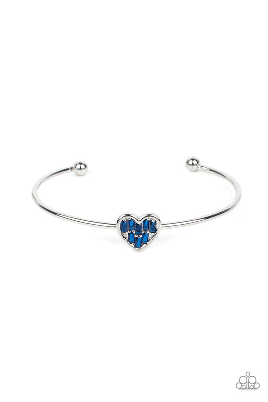 Heart of Ice - Blue Emerald Cut Rhinestone Encrusted Heart Paparazzi Cuff Bracelet