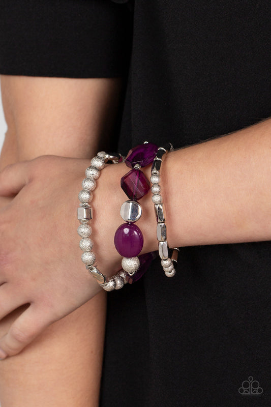 Marina Magic- Purple Accents & Silver Beaded Set of 3 Paparazzi Stretch Bracelets
