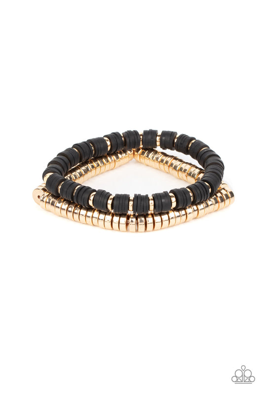 Catalina Marina - Black Rubbery & Gold Disc Paparazzi Stretch Bracelets