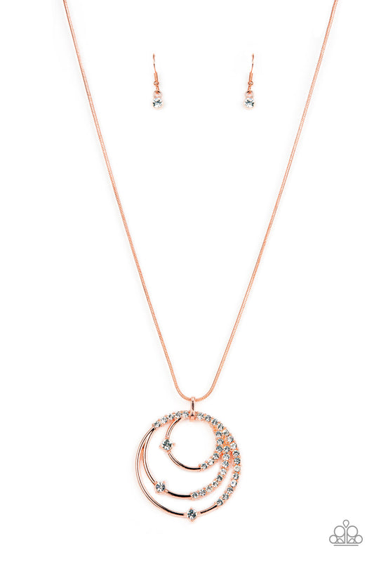 Ecliptic Elegance - Copper Rings/White Rhinestone Pendant Paparazzi Necklace & matching earrings