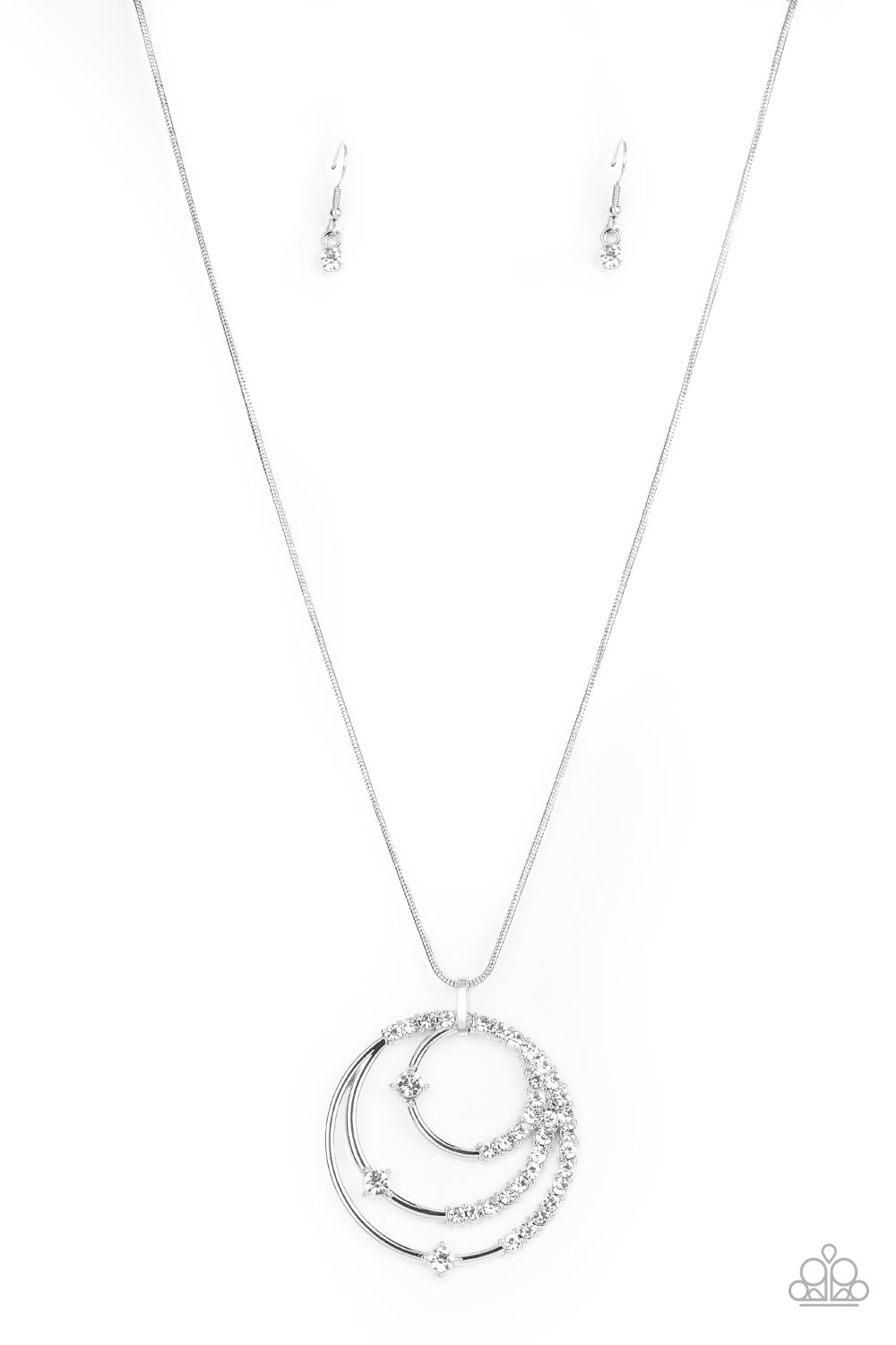 Ecliptic Elegance - White Rhinestone Encrusted Silver Rings Pendant Paparazzi Necklace & matching earrings