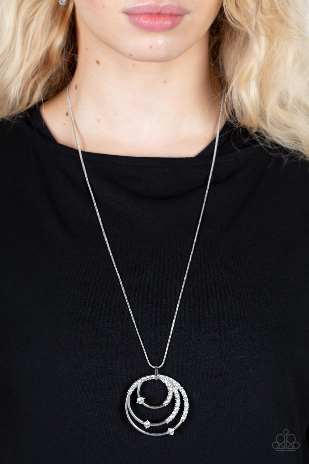 Ecliptic Elegance - White Rhinestone Encrusted Silver Rings Pendant Paparazzi Necklace & matching earrings