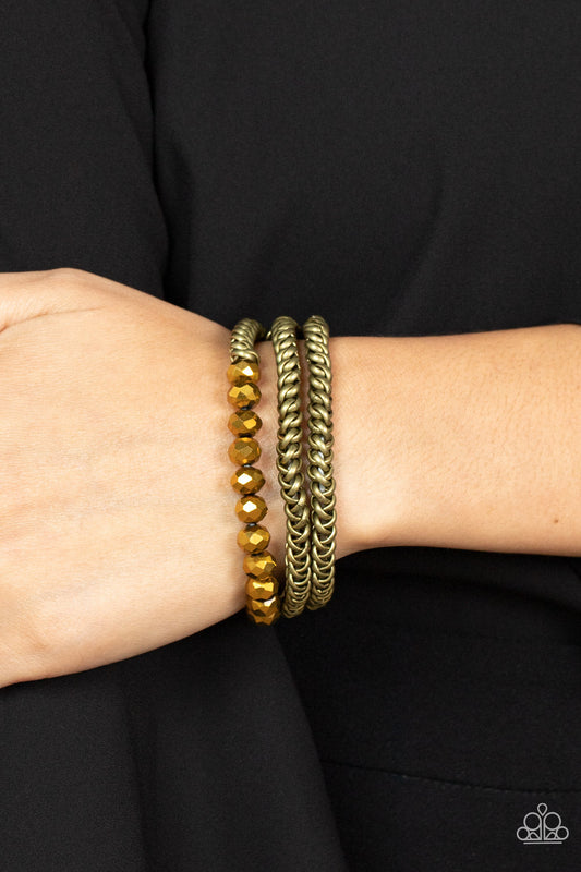 Gutsy and Glitzy - Brass Chains & Aurum Crystal-Like Beaded Set of 3 Paparazzi Stretch Bracelets