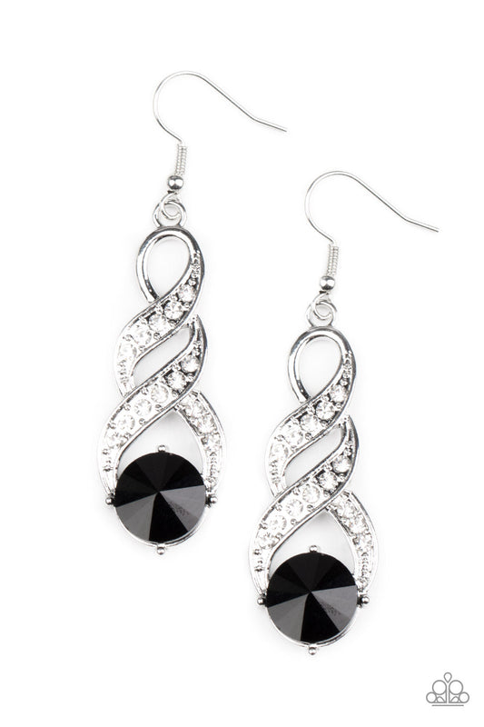 High-Ranking Royalty - Black Oversized Gem & White Rhinestone Encrusted Ribbon Paparazzi Earrings