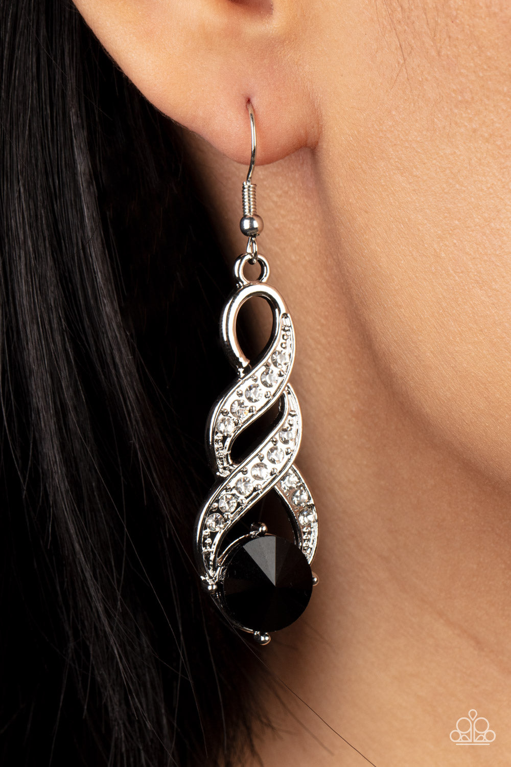 High-Ranking Royalty - Black Oversized Gem & White Rhinestone Encrusted Ribbon Paparazzi Earrings