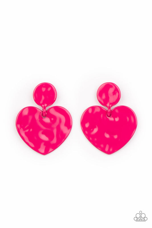 Just a Little Crush - Pink Fuchsia Finish Hammered Disc & Heart Paparazzi Post Earrings