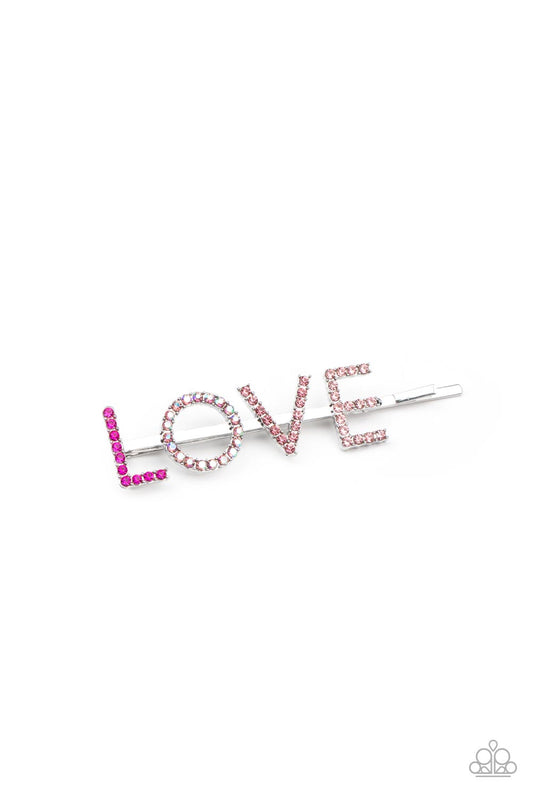 True Love Twinkle - Pink Iridescent Rhinestone "Love" Paparazzi Hair Clip