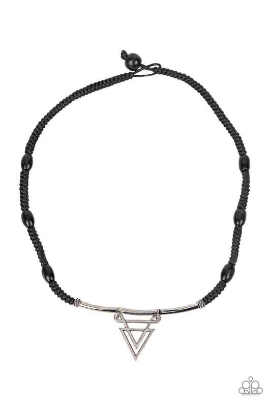 Arrowed Admiral - Black Braided Cord, Black Wooden Beads, & Silver Triangular Pendant Paparazzi Urban Necklace