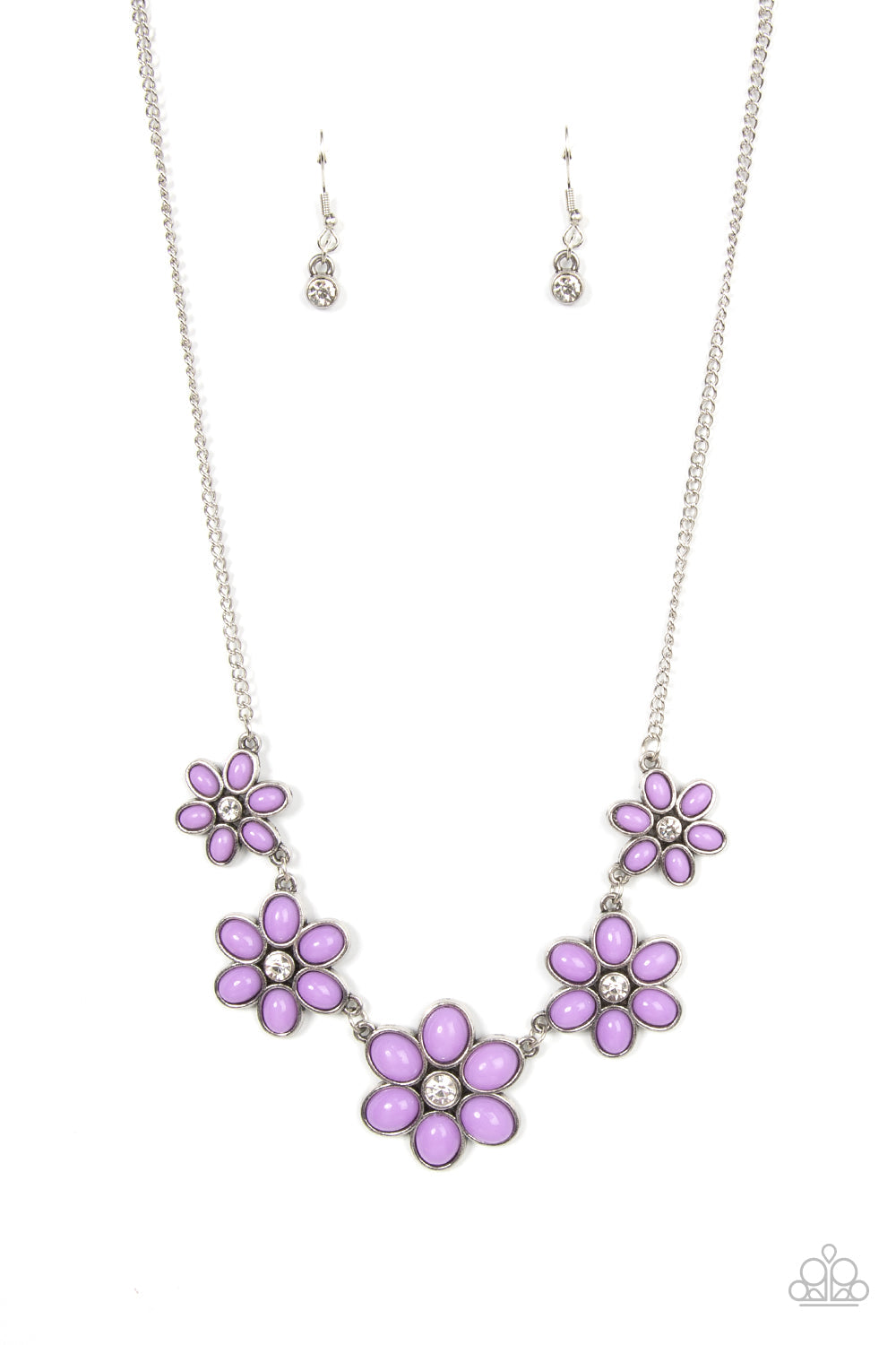 Prairie Party - Purple Beads & White Rhinestone Flower Paparazzi Necklace & matching earrings