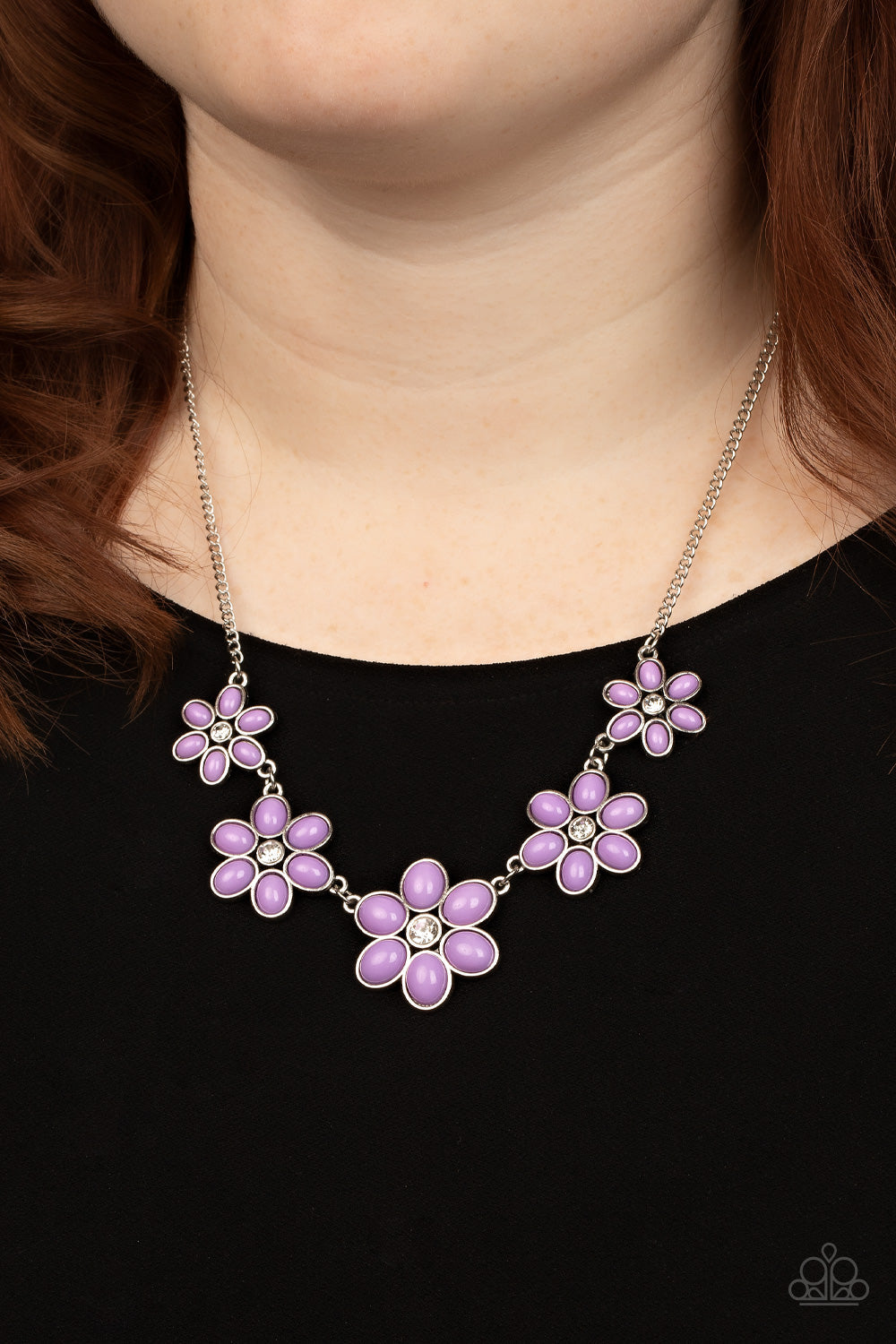 Prairie Party - Purple Beads & White Rhinestone Flower Paparazzi Necklace & matching earrings