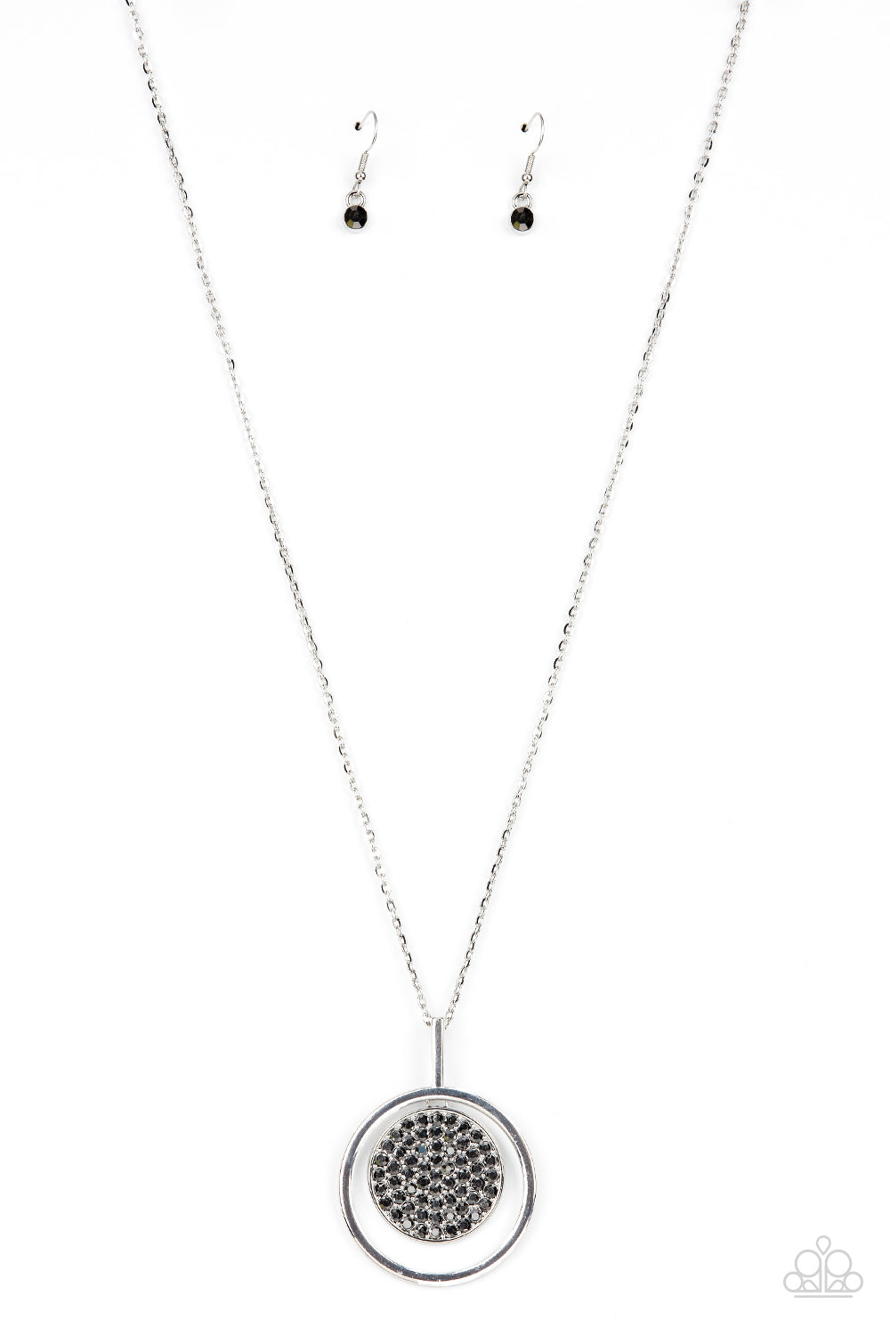 There She GLOWS! - Silver Smoky Hematite Rhinestone Pendant Paparazzi Necklace & matching earrings