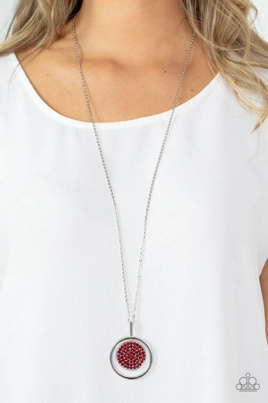 There She GLOWS! - Red Rhinestone Encrusted Disc Pendant Paparazzi Necklace & matching earrings