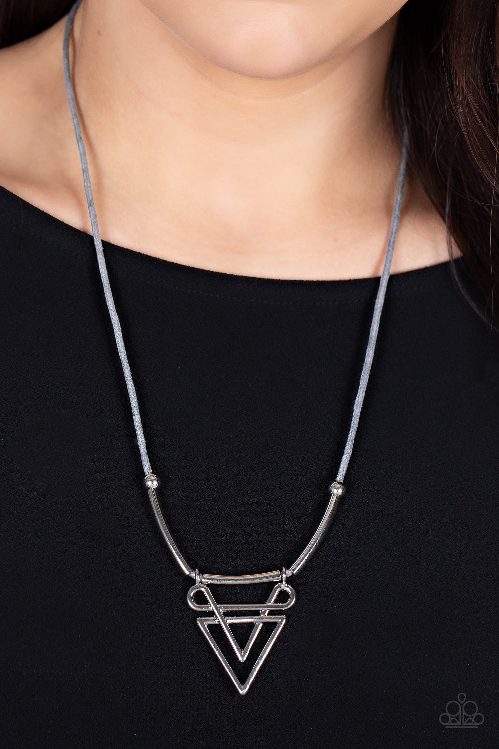 Tulum Totem - Silver Double-Layered Arrow & Gray Cording Paparazzi Necklace & matching earrings