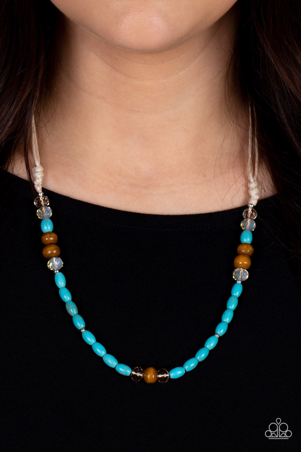 Groundbreaking Glamour - Blue/Turquoise Stone, Brown Wood, & Crystal-Like Beaded Paparazzi Necklace