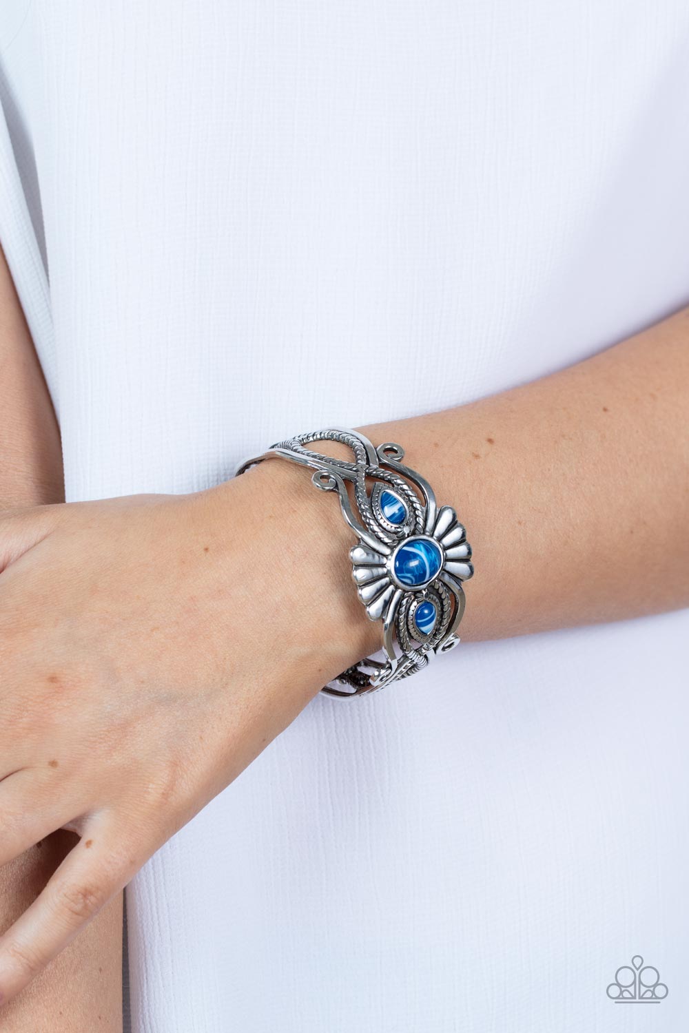 Rural Rumination - Blue Faux Stone Bead & Frilly Silver Texture Paparazzi Cuff Bracelet