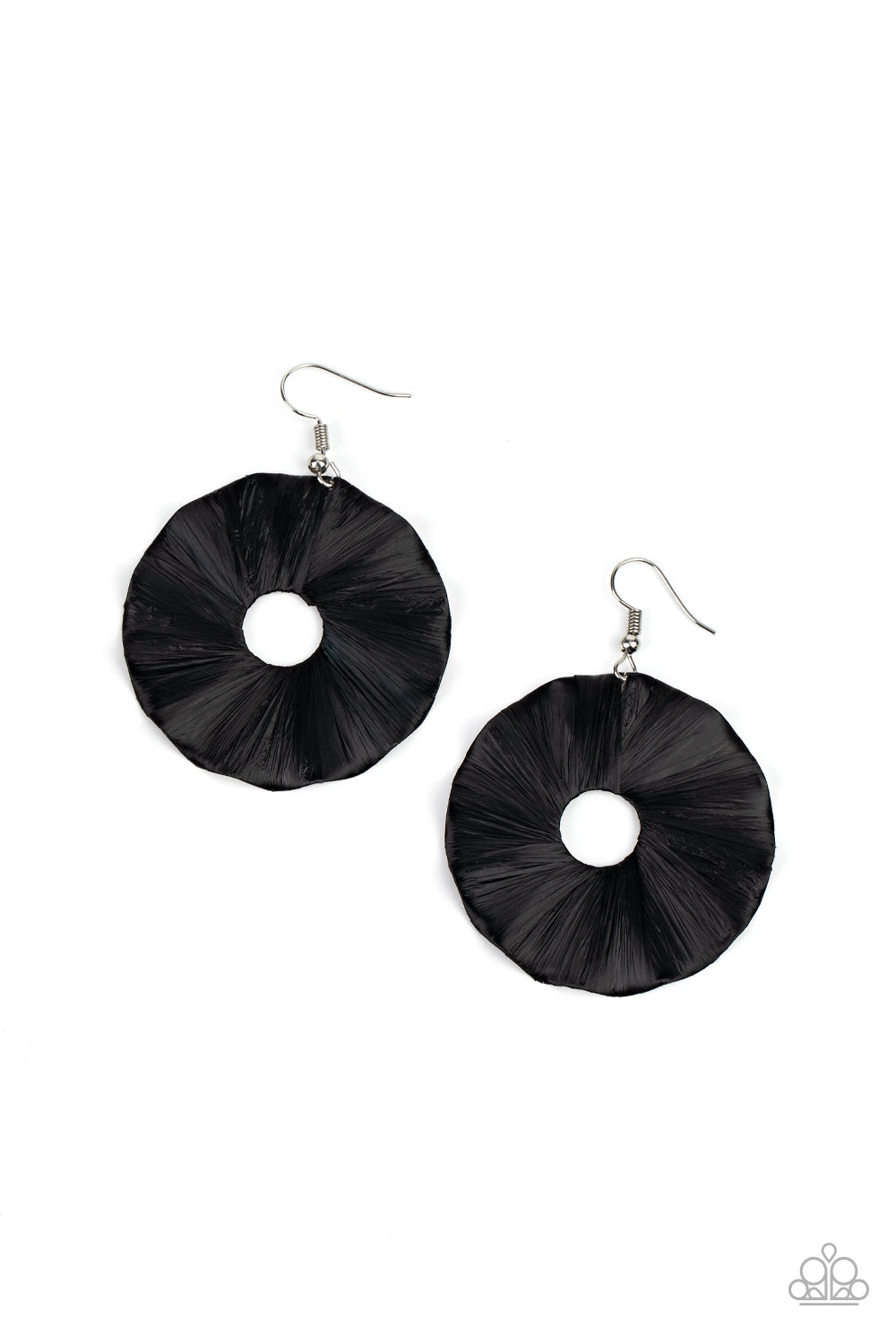 Fan the Breeze - Black Crepe-Like Paper Covered Rippling Disc Paparazzi Earrings