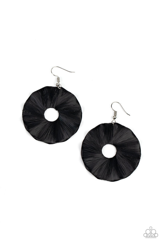 Fan the Breeze - Black Crepe-Like Paper Covered Rippling Disc Paparazzi Earrings