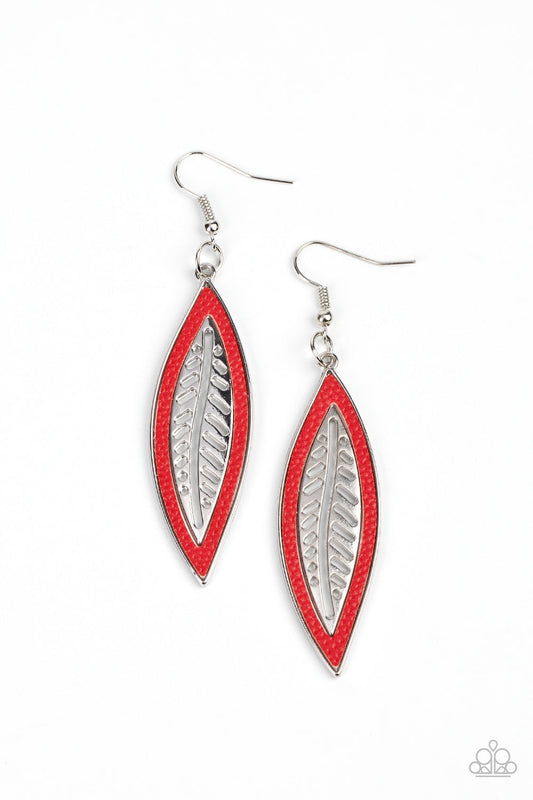 Leather Lagoon - Red Leather Trim & Silver Leaf Frame Paparazzi Earrings