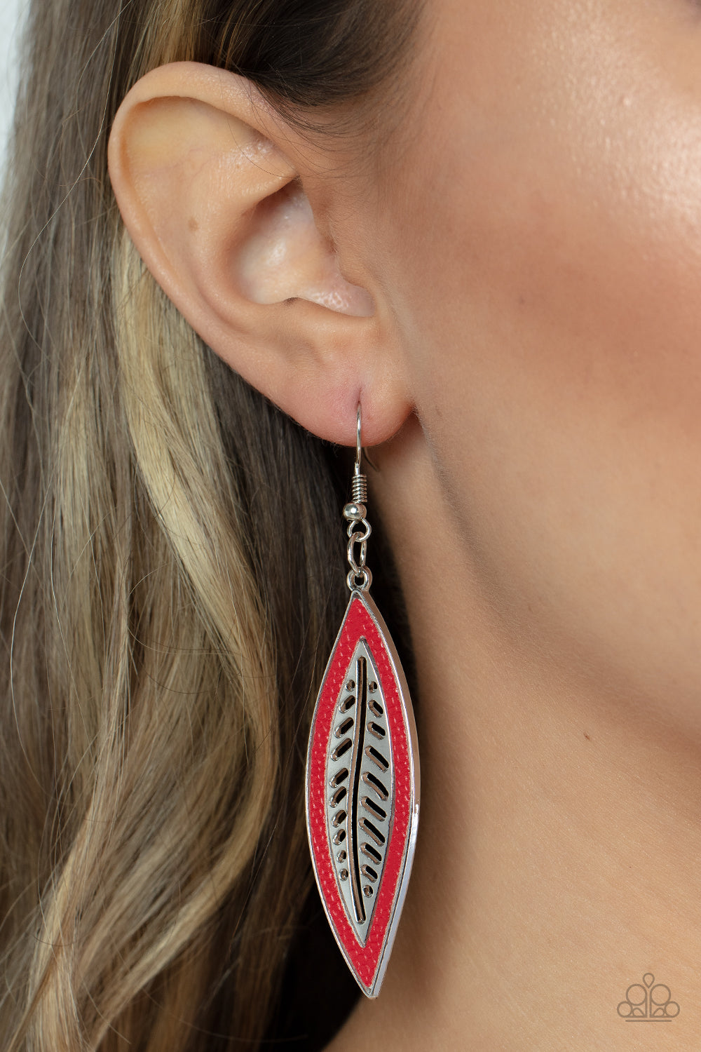Leather Lagoon - Red Leather Trim & Silver Leaf Frame Paparazzi Earrings