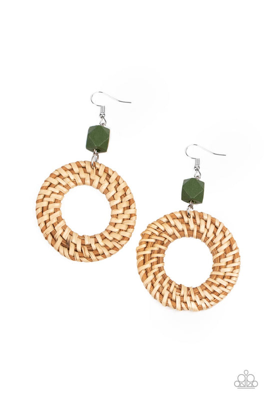 Wildly Wicker - Green Wooden Bead & Wicker-Like Loop Paparazzi Earrings