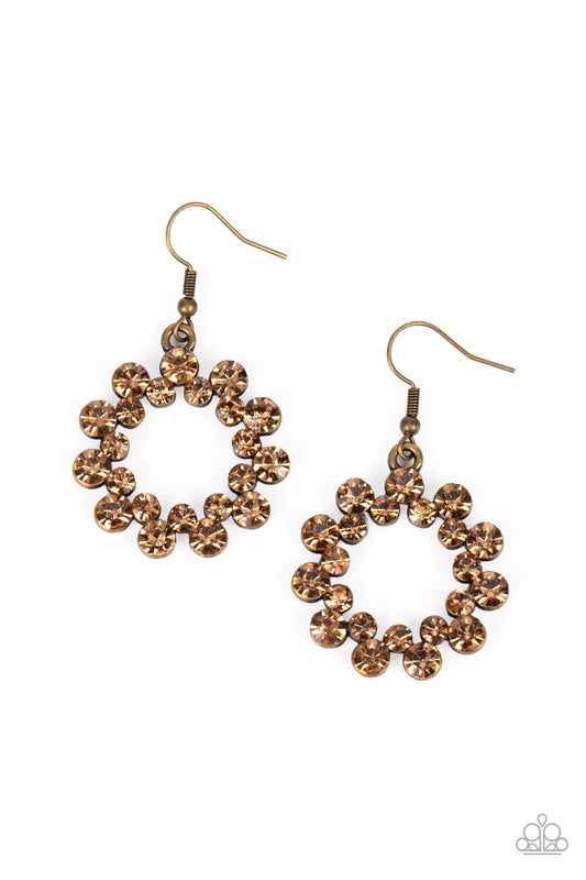 Champagne Bubbles - Brass/Golden Topaz Rhinestone Paparazzi Earrings