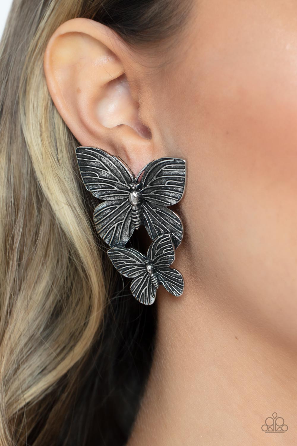 Blushing Butterflies - Silver Butterfly Paparazzi Post Earrings