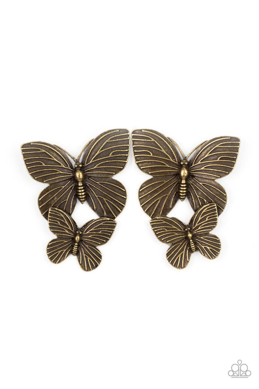 Blushing Butterflies - Brass Rustic Finish Butterfly Paparazzi Earrings