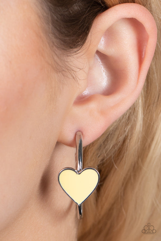 Kiss Up - Yellow Heart & Silver Hoop Paparazzi Earrings