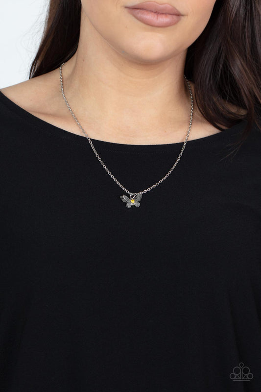 Flutter Love - Yellow Rhinestone Dotted Butterfly Pendant Paparazzi Necklace & matching earrings