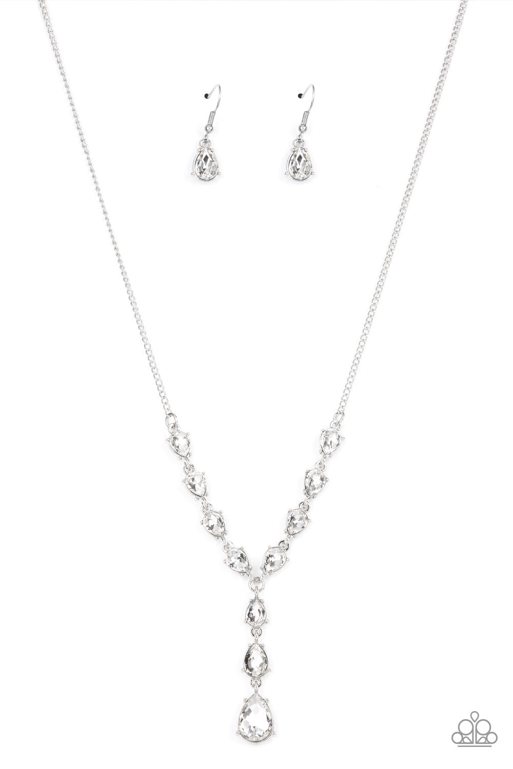 Park Avenue A-Lister - White Teardrop Rhinestone Extended Pendant Paparazzi Necklace & matching earrings