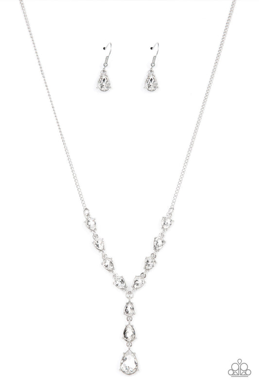 Park Avenue A-Lister - White Teardrop Rhinestone Extended Pendant Paparazzi Necklace & matching earrings