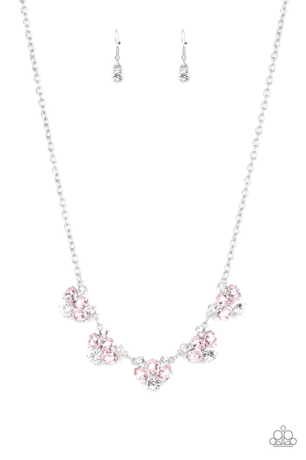 Envious Elegance - Pink & White Round/Teardrop Cut Rhinestone Paparazzi Necklace & matching earrings