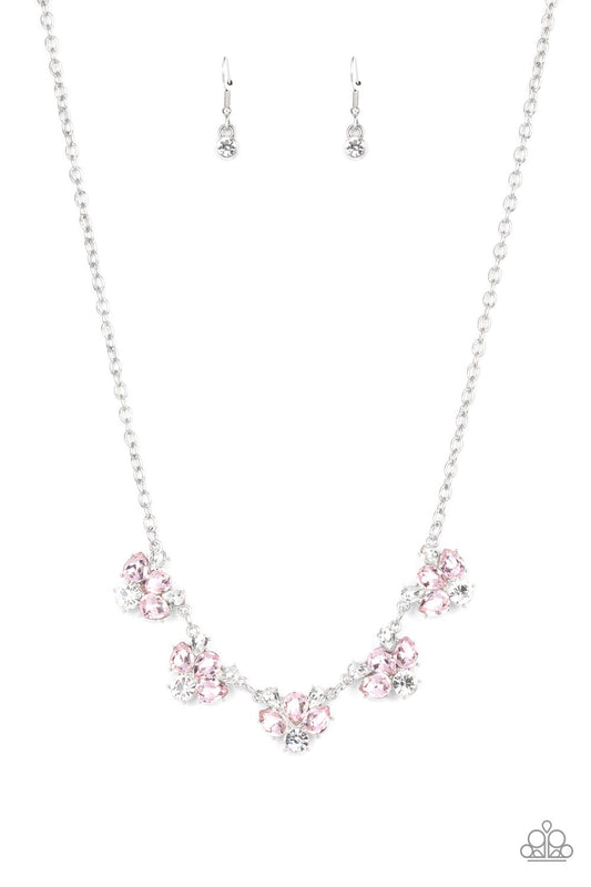 Envious Elegance - Pink & White Round/Teardrop Cut Rhinestone Paparazzi Necklace & matching earrings