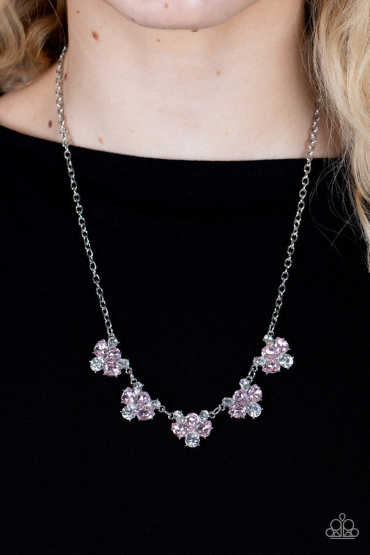 Envious Elegance - Pink & White Round/Teardrop Cut Rhinestone Paparazzi Necklace & matching earrings