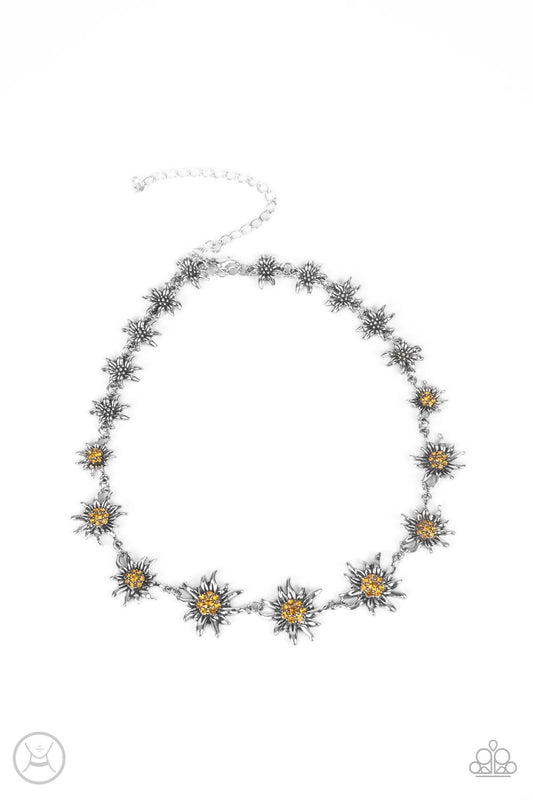 Get Up and GROW - Yellow. Rhinestone Center/Silver Daisy Paparazzi Necklace & matching earrings