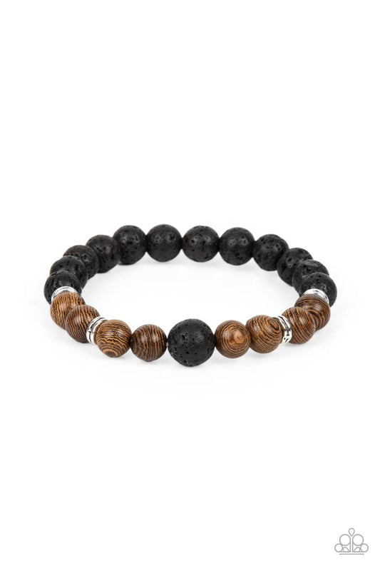 Neutral Zone - Brown Wooden Beads & Black Lava Rock Paparazzi Bracelet
